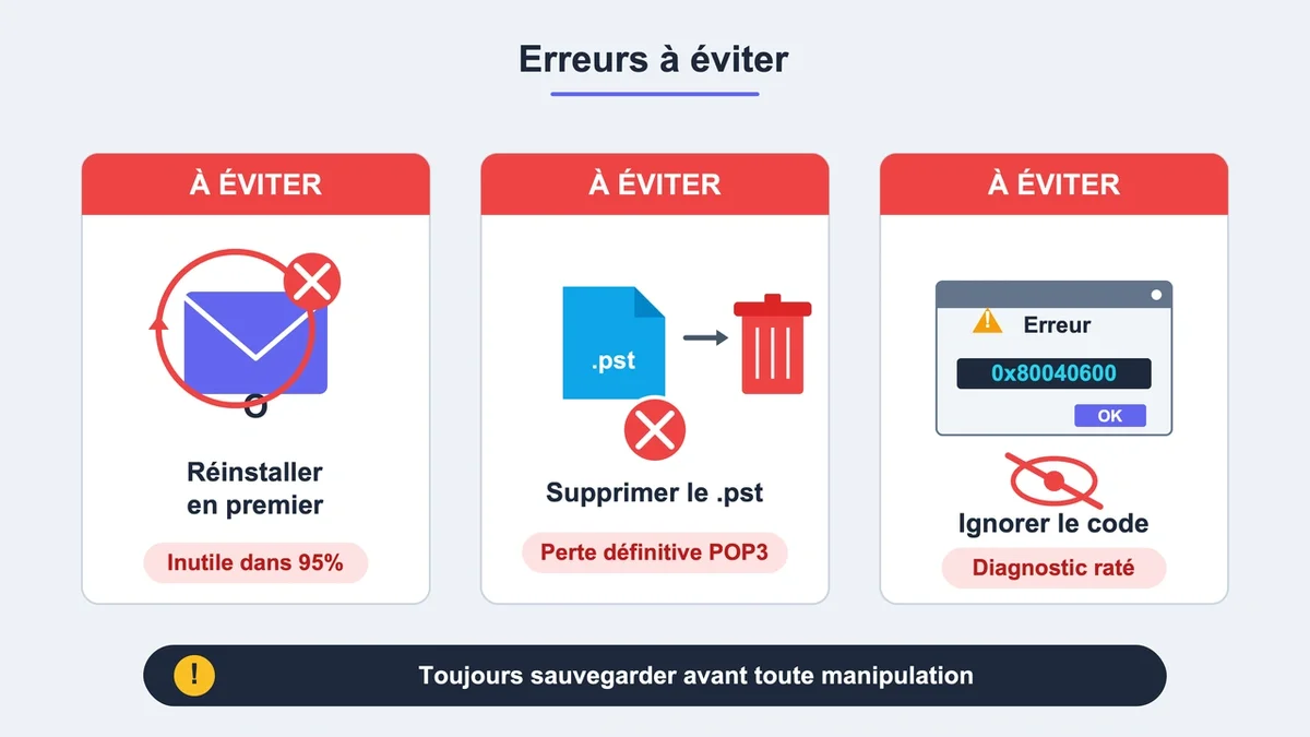 Pictogrammes représentatifs des erreurs courantes lors du dépannage d'Outlook