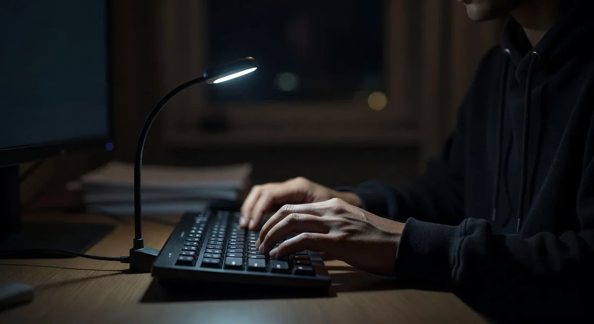 Personne utilisant une lampe USB col de cygne pour éclairer un clavier dans une pièce sombre