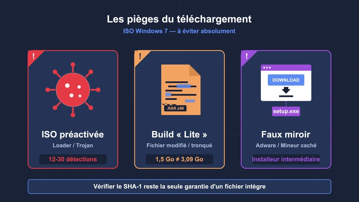 Pictogrammes avertissant des dangers du téléchargement d'ISO Windows 7, incluant virus et fichier corrompu