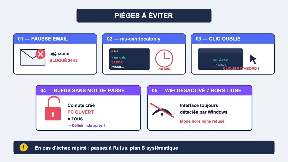 Diagramme des erreurs fréquentes à éviter avec Windows 11 sans compte Microsoft