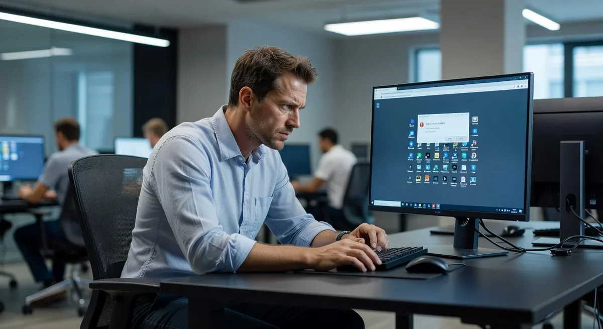 Utilisateur frustré devant son ordinateur avec des notifications désactivées et des applications en conflit