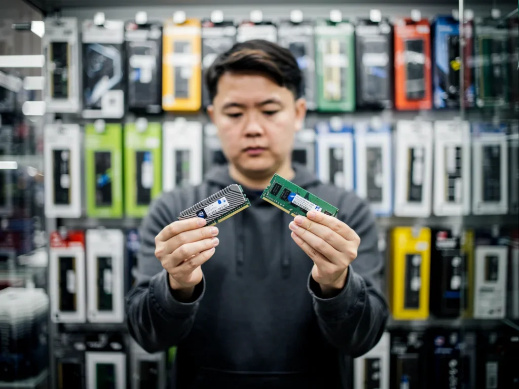 Personne en train d'examiner des modules de RAM dans un magasin de pièces informatiques
