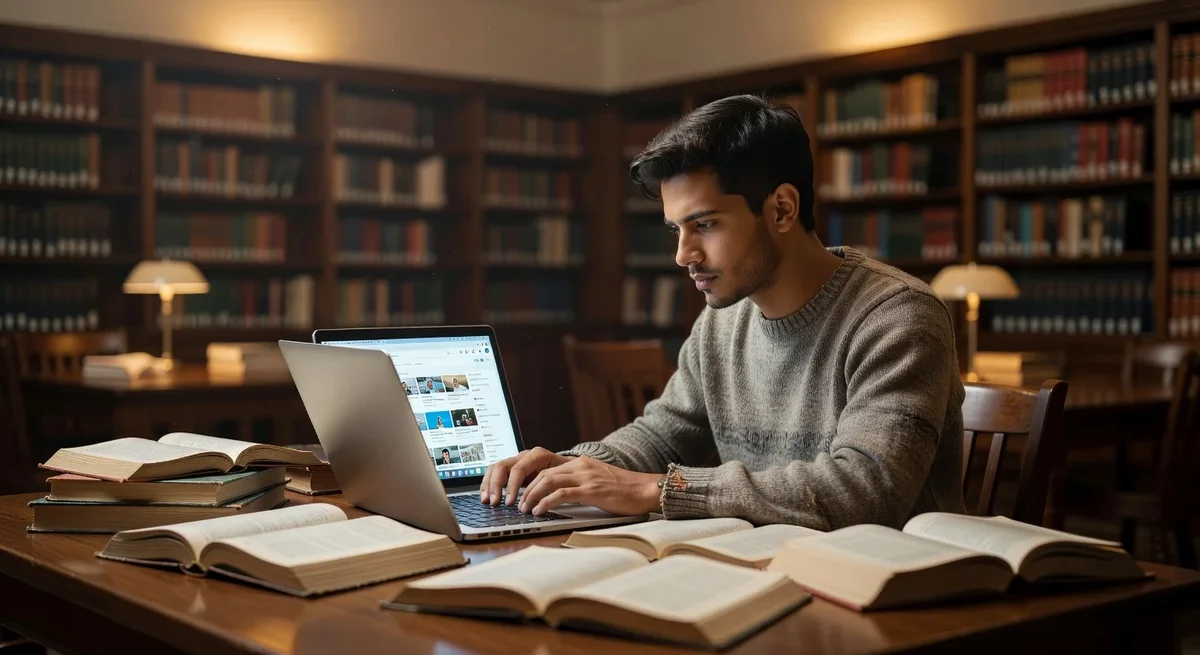 Étudiant concentré à une table de bibliothèque, utilisant un ordinateur portable entouré de livres ouverts