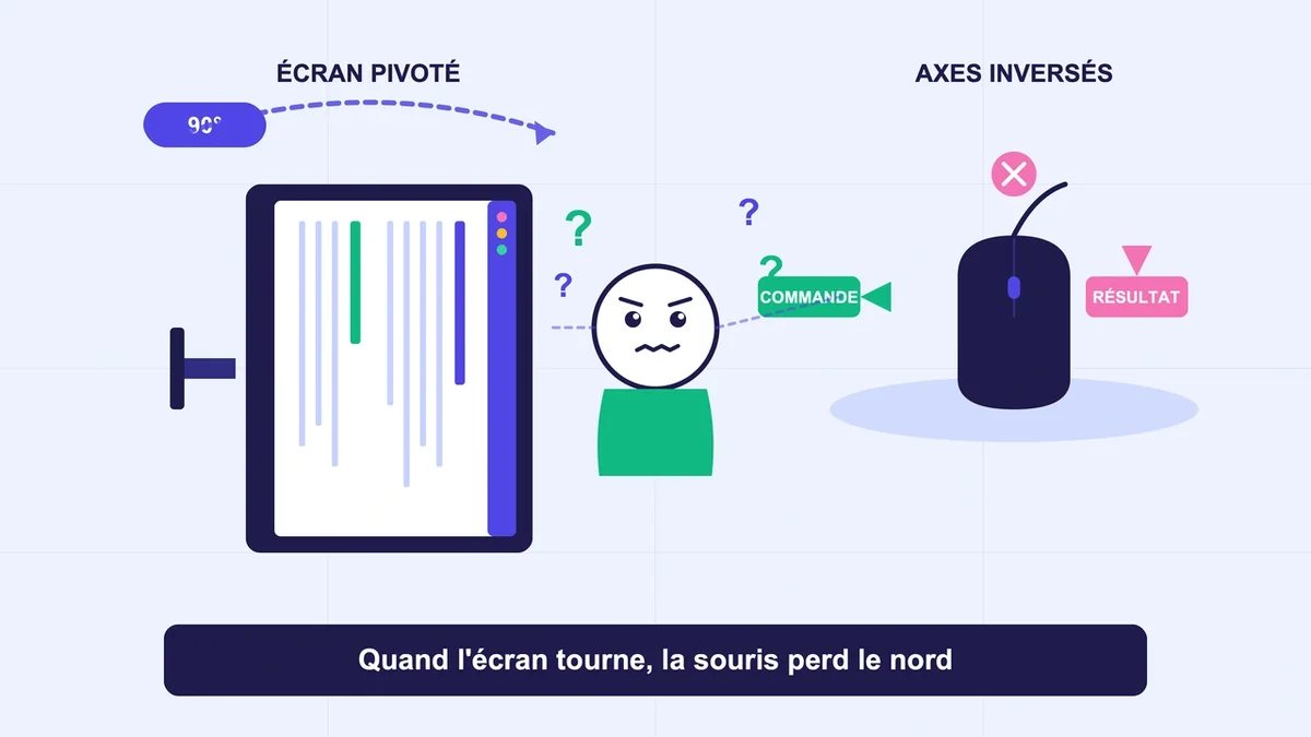Écran pivoté à 90° avec une souris décalée, illustrant la confusion de la navigation