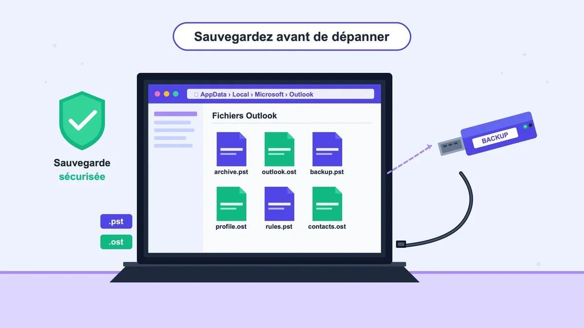 Clé USB connectée à un ordinateur avec un dossier ouvert contenant des fichiers Outlook .pst et .ost