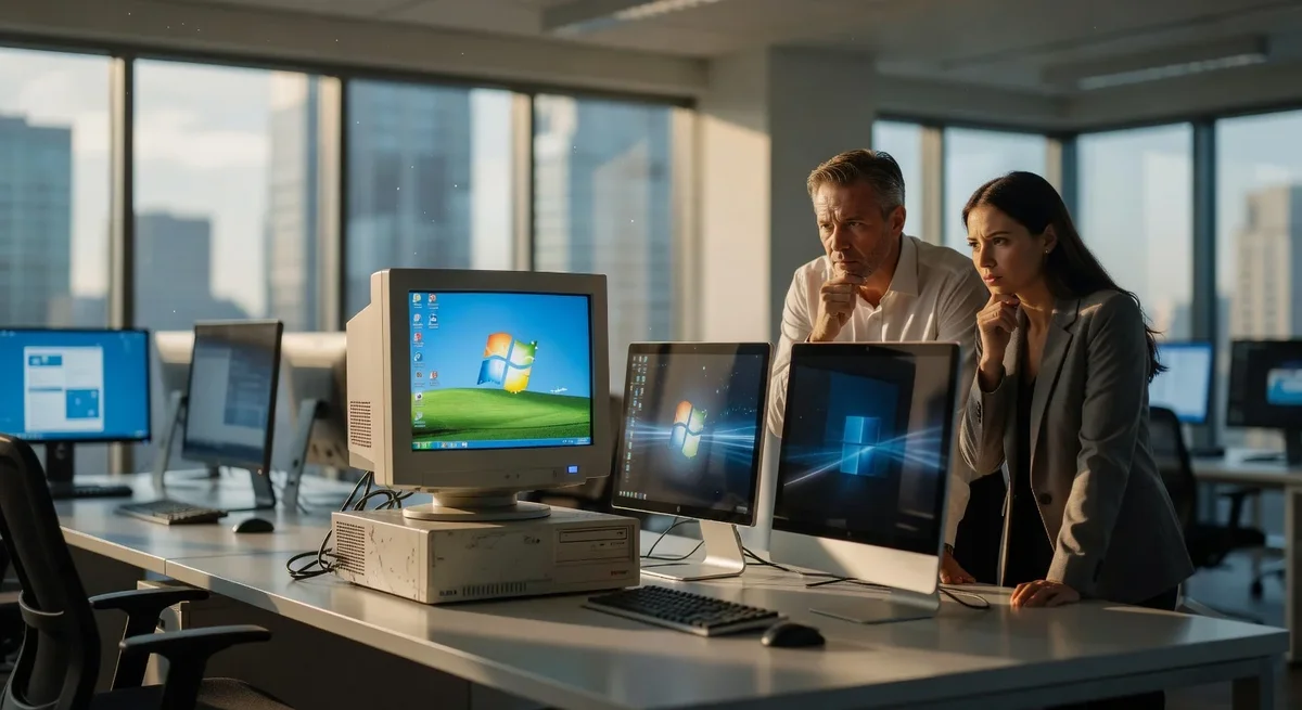 Bureau moderne avec un vieil ordinateur sous Windows 7 et des utilisateurs sceptiques face à des ordinateurs récents