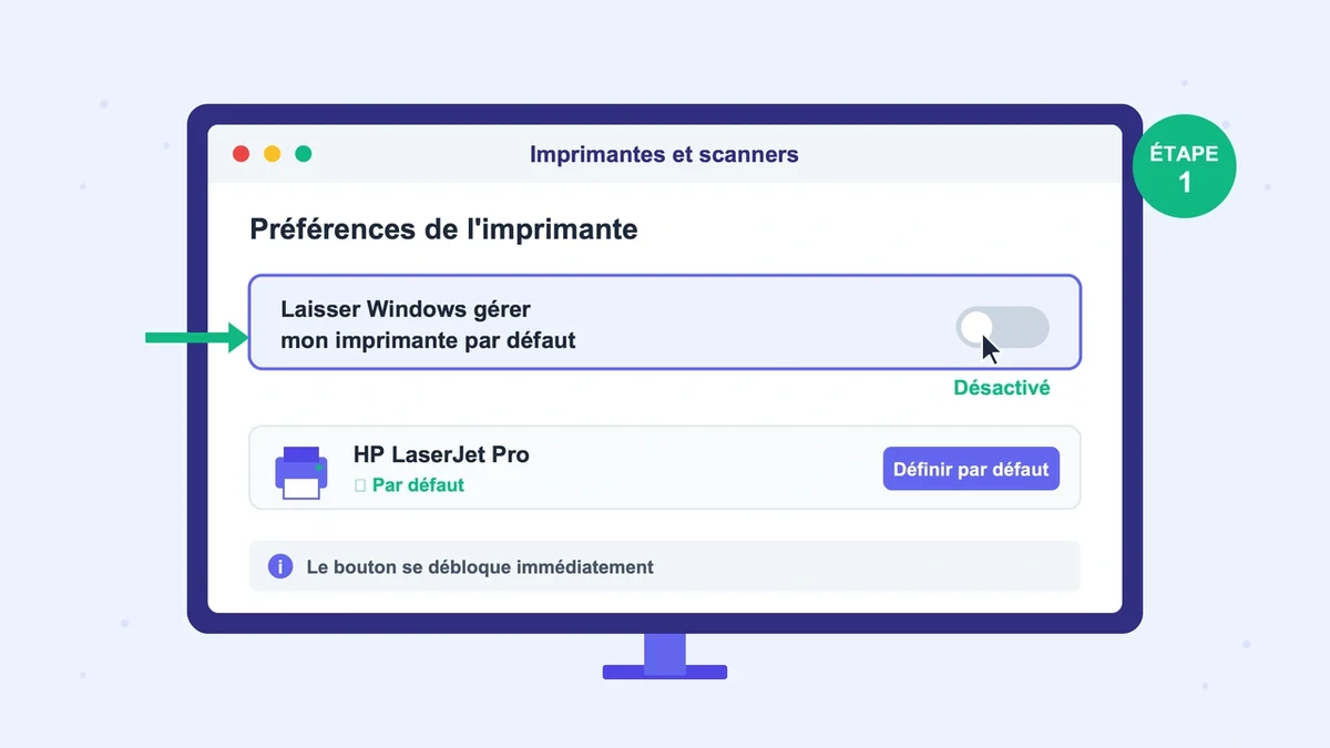 Interface graphique Windows montrant les options de gestion des imprimantes sur un écran d'ordinateur