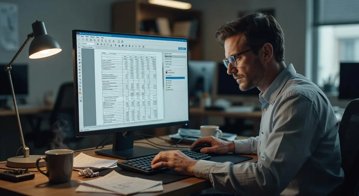 Utilisateur au bureau utilisant Adobe Acrobat Pro pour convertir un PDF complexe en Excel