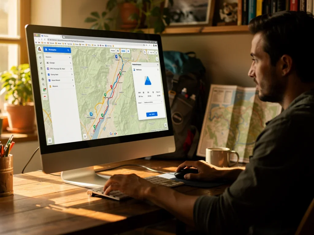 Personne utilisant Google My Maps sur un ordinateur dans un bureau cosy ensoleillé