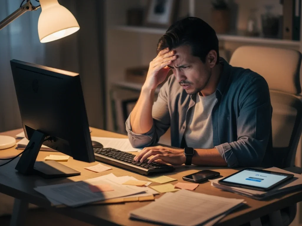 Personne frustrée devant un ordinateur, utilisant un gestionnaire de mots de passe dans un bureau à domicile