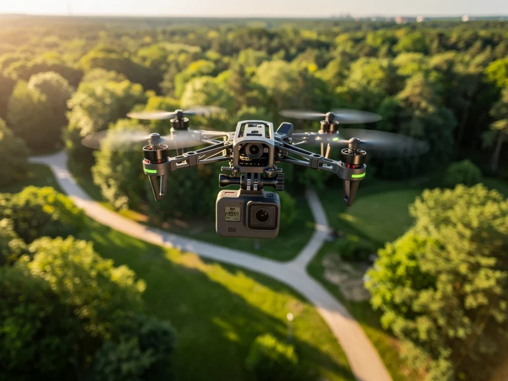 Vue aérienne d'une caméra GoPro Hero10 Black Bones montée sur un drone dans un paysage naturel verdoyant