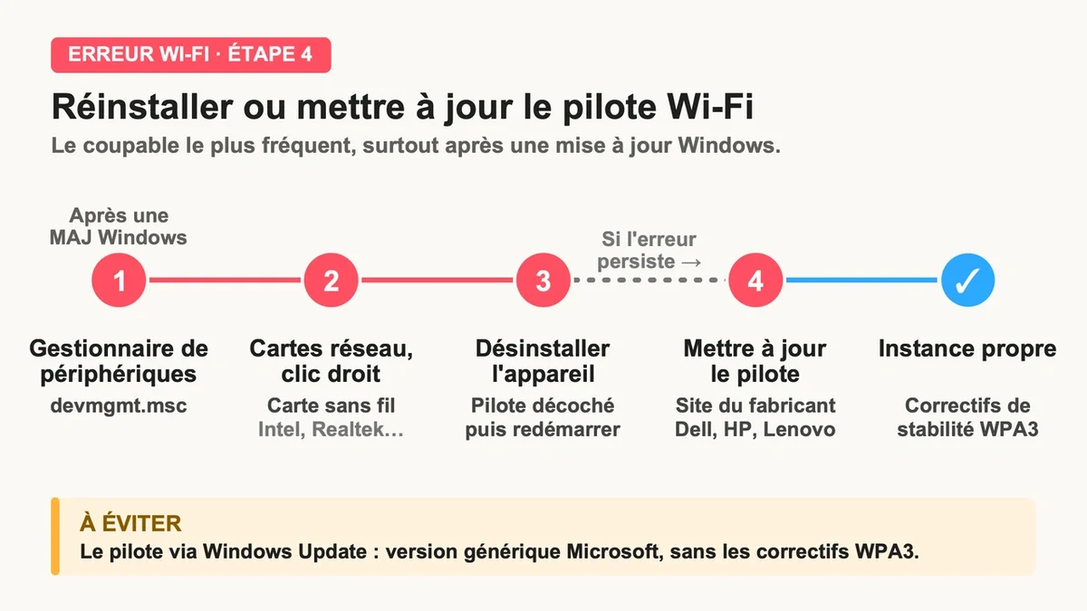 Étapes visuelles pour l'installation et la mise à jour des pilotes Wi-Fi sur un ordinateur